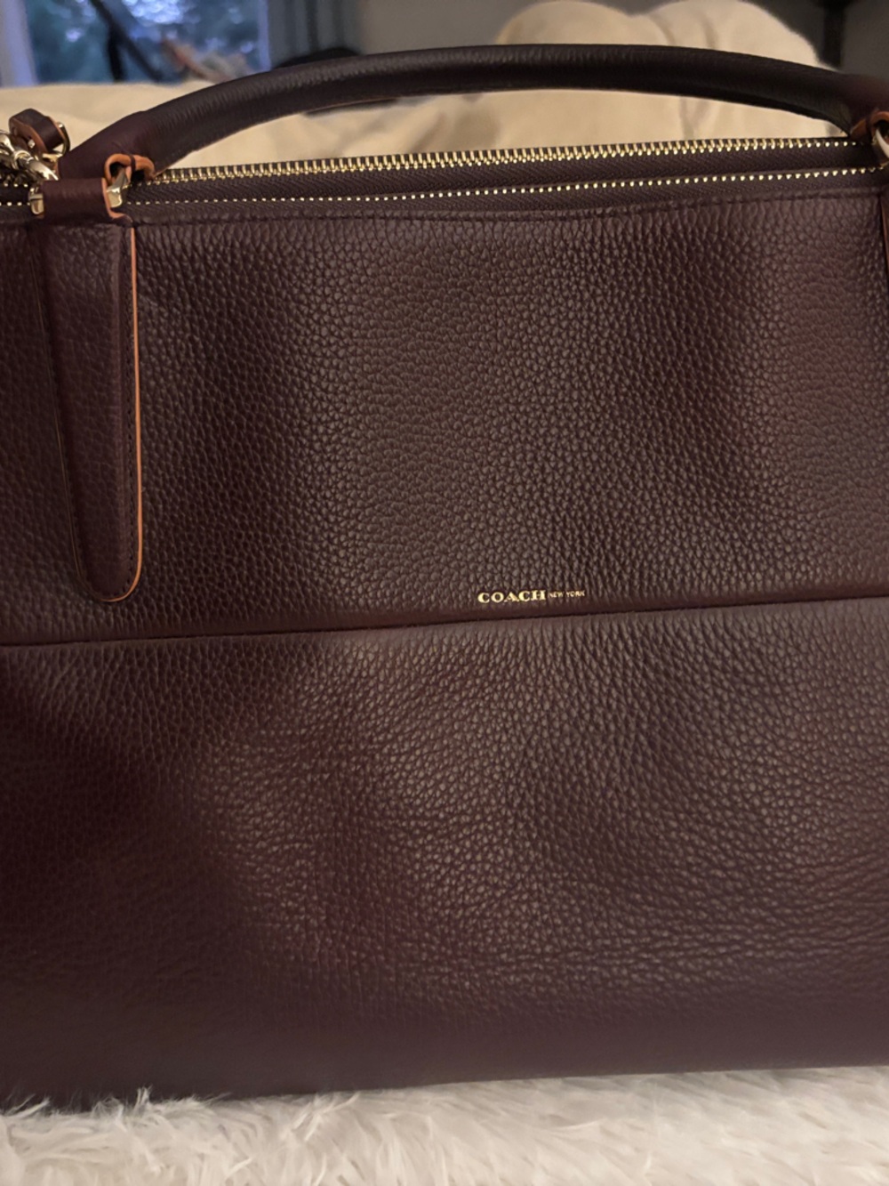 Coach Pebbled Leather Tote in Deep Burgundy with Gold Hardware